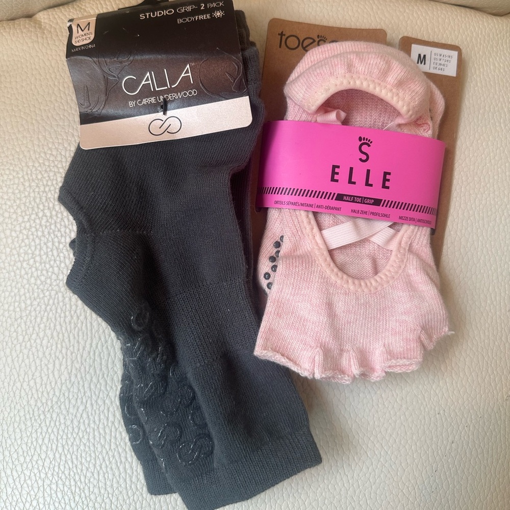 Toe Sox and Calia Studio Grip Socks 3 Pairs total Gray & Pink Gym Pilates barre